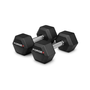 ForgeX black hex dumbbells with chrome handles resting on gym floor