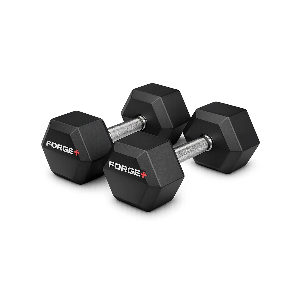 ForgeX black hex dumbbells with chrome handles resting on gym floor