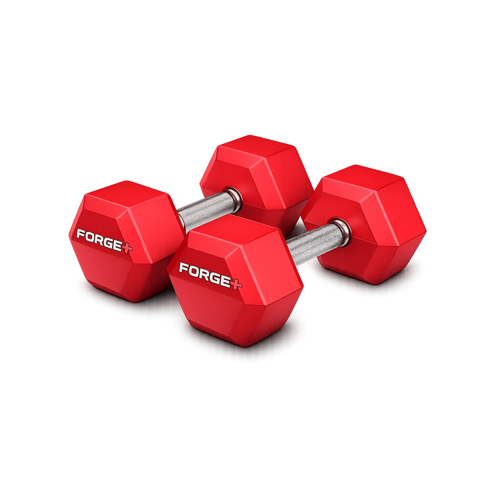Pair of red hexagonal dumbbells with metal handles labeled FORGE, ready for strength training.